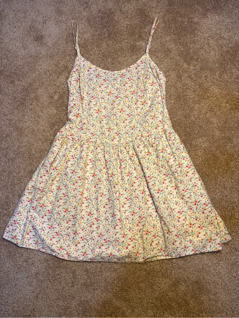 Floral Spaghetti-Strap Summer Dress - White with Pink & Green Floral Print